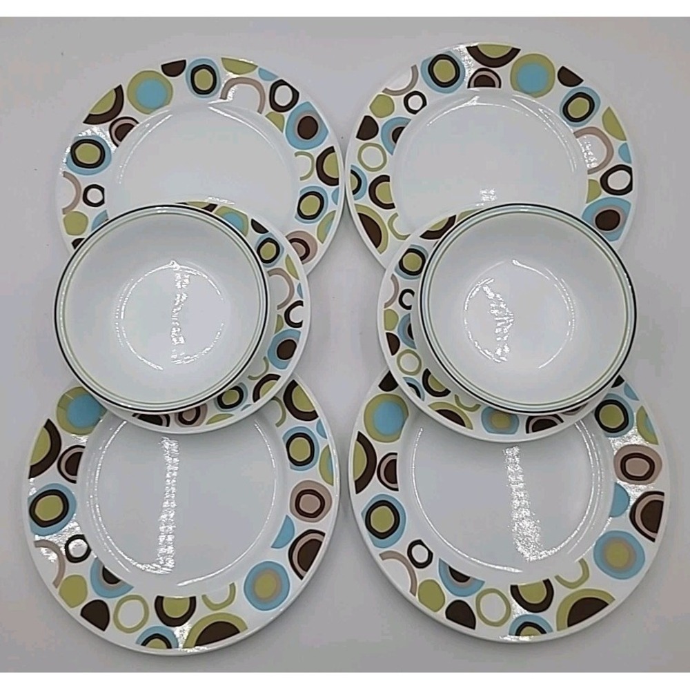 8pc Corelle Vitrelle ROLA 10-3/4" Dinner Plates Bowls Green Brown Blue Circles - Picture 1 of 11
